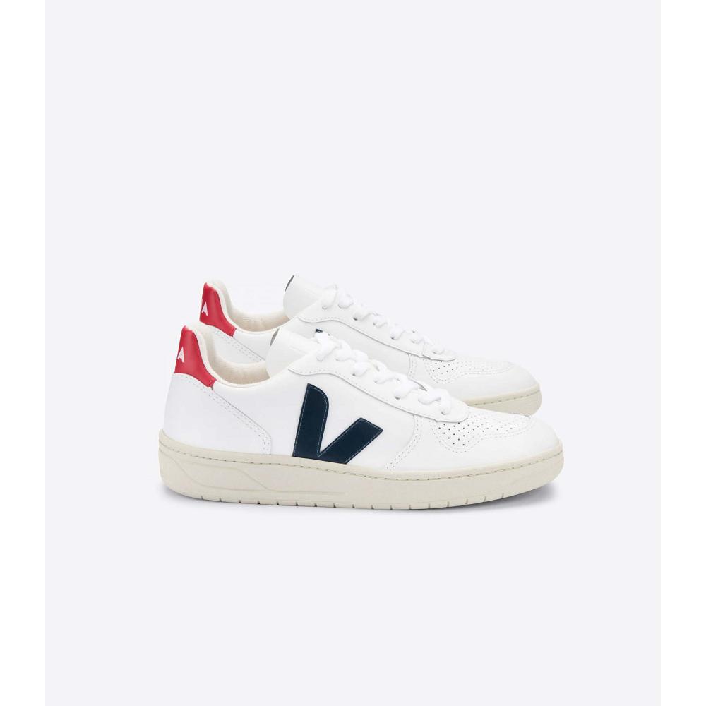 White/Black/Red Women\'s Veja V-10 LEATHER Sneakers | AU 664NWY